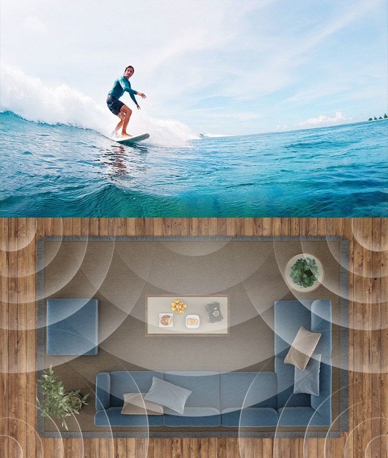 On top, there is a woman surfing in the sea and in the bottom there is a top view of living room with visual effect of  wavelengths.