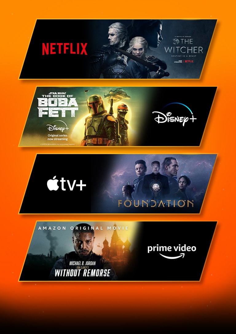 There are 4 image blocks – each with streaming platform logo and footage image. Netflix logo with the Witcher, Disney plus logo with Boba fett, Apple TV plus logo with Foundation, and prime video logo with Without Remorse.
