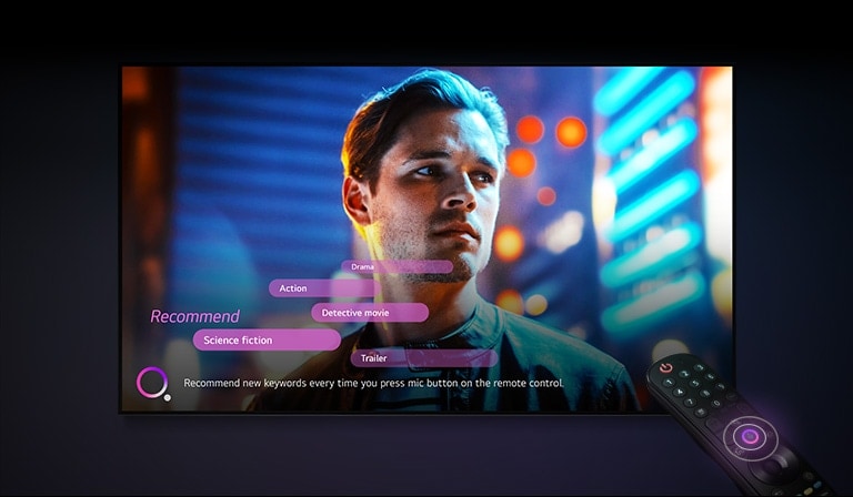 A man is shown on the TV screen, and in the lower left corner of the screen, keywords for recommended content by the TV are appearing.