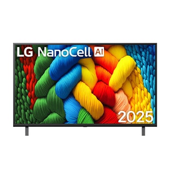 Front view of NanoCell TV, LG NanoCell Al Logo on the top corner. LG NanoCell NANO80 TV depicts colorful paintike textures coming together.