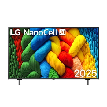 Front view of NanoCell TV, LG NanoCell Al Logo on the top corner. LG NanoCell NANO80 TV depicts colorful paintike textures coming together.