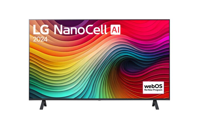Front view of LG NanoCell TV, NANO80 with text of LG NanoCell, 2024, and webOS Re:New Program logo on screen
