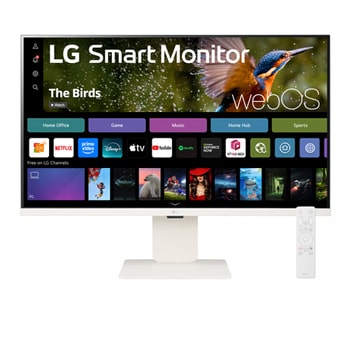 front view of LG mart Monitor 32SR83U-W with webcam and remote control