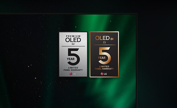 The Z2 and G2 warranty logos appear on the LG OLED television screen