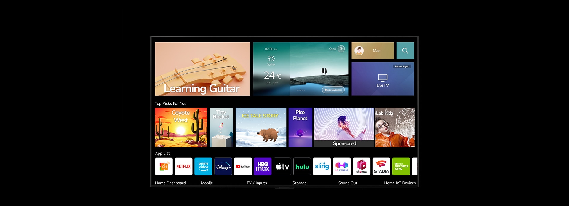 Several apps float against a black backdrop then neatly arrange themselves onto a television screen.