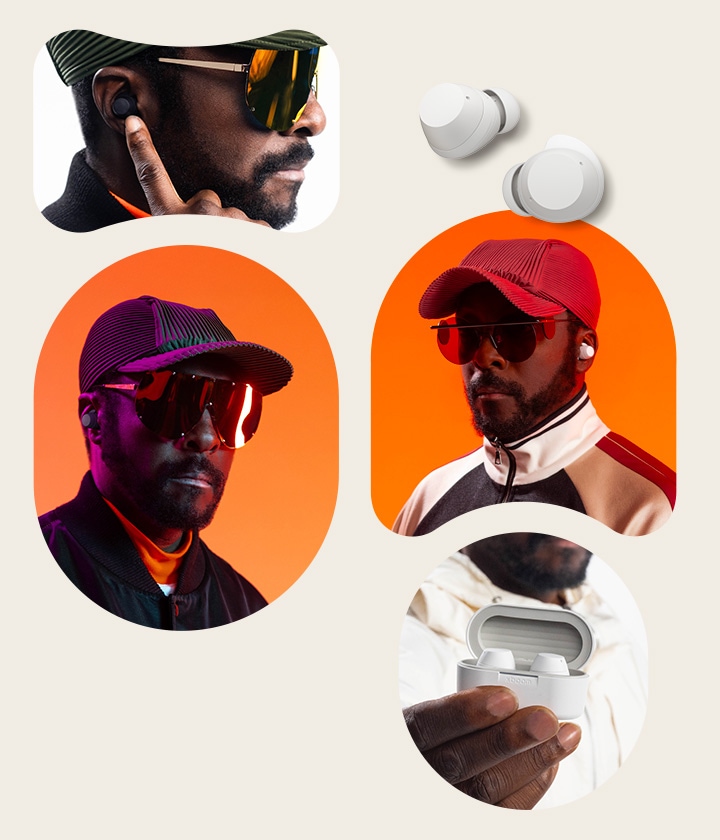 On the left above will.i.am's rear face stays looking at his left side, wearing sunglasses and pointing ear buds in his ear with his index finger. On the right above two white earbuds' images stays. In the middle-left will.i.am's portrait image is placed facing the front, wearing earbud, cap and sunglasses. In the middle-right will.i.am's another portrait image stays also wearing earbud, cap and sunglasses. Below xboom Buds' cradle with earbuds within stays in will.i.am's hand.
