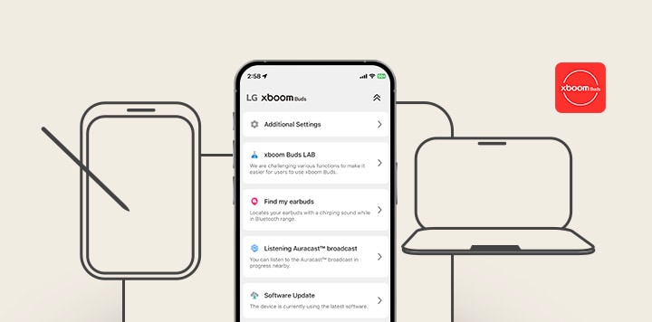In the center there's a cell phone showing xboom Buds app's various menus and beside the cell  phone there're picture drawings of a tablet, a laptop and other devices.	