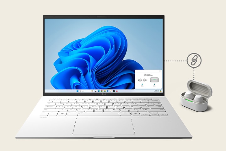 A white laptop, LG gram is powered on in the center and shows xboom Buds app's connected screen on the bottom right. Beside the laptop a white xboom Buds' creadle with a pair of earbuds is placed and a 'connected' sign is drawn between them.