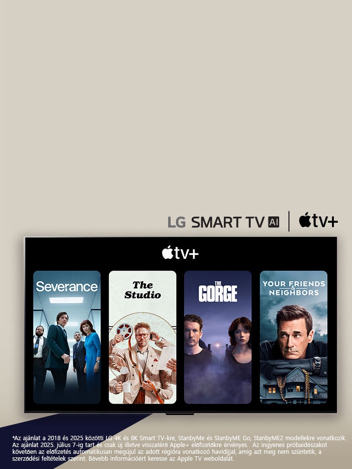 Az LG SMART TV AI (logó) és az Apple (logó) tv+ egymás mellett található. Az LG TV-n négy tévéműsor bélyegképe (Severance, The Studio, The Gorge és Your Friends and Neighbors) az Apple (logó) tv+ alatt található.