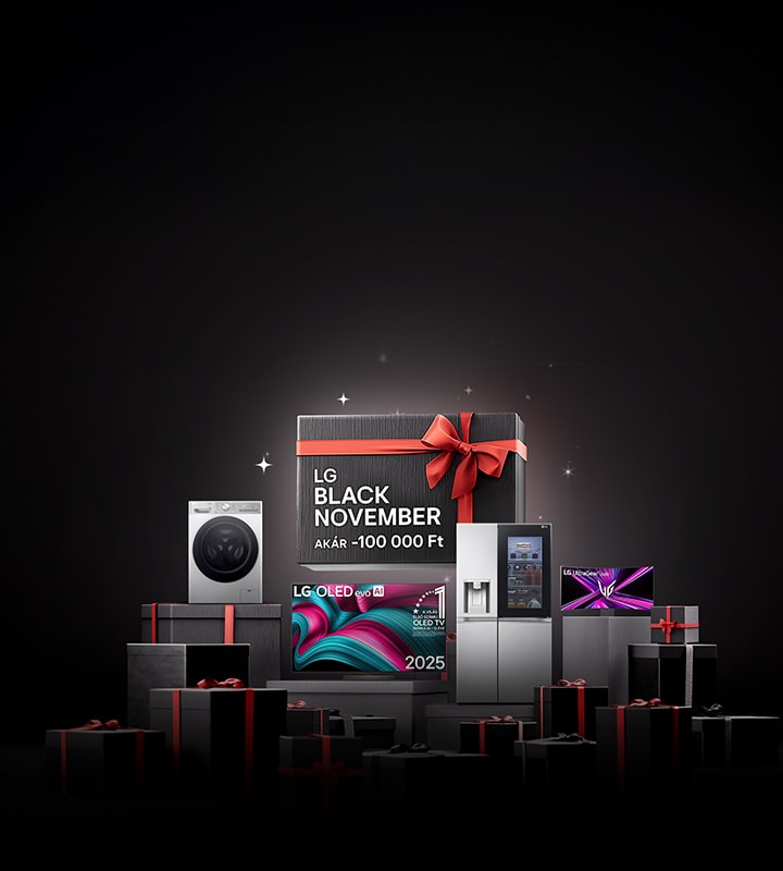 Een display met LG-huishoudelijke apparaten en geschenkdozen tegen een donkere achtergrond.