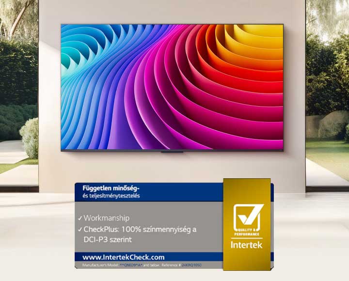 LG QNED evo TV dinamikus QNED színek színmegjelenítéssel. Intertek hitelesítés a DCI-P3 szerinti 100%-os színtérfogatra.