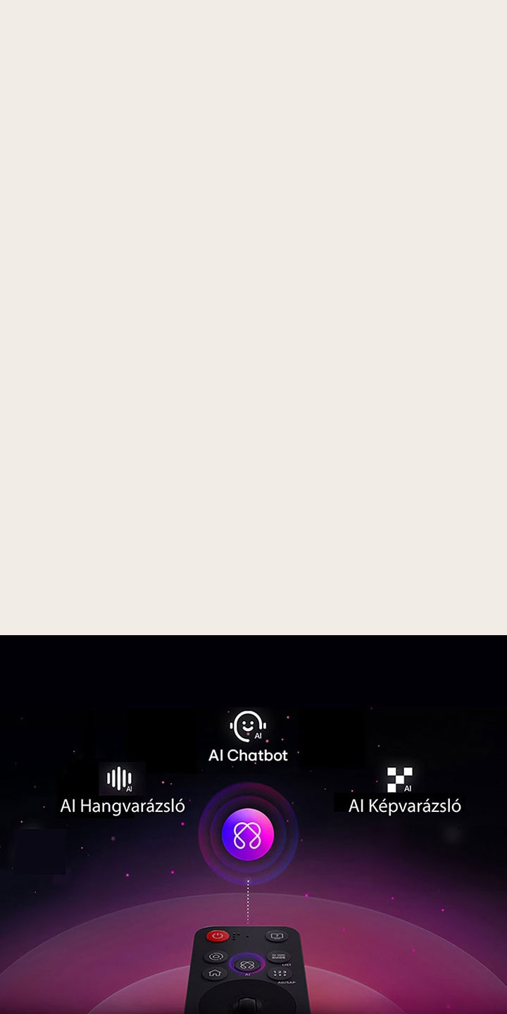 LG AI Magic Remote távirányító dedikált AI gombbal. AI gomb segítségével a felhasználók különböző AI funkciókat érhetnek el.