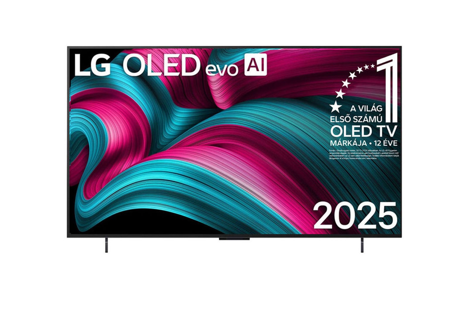 OLED42C51LA elölnézeti kép LG OLED evo AI és A világ első számú OLED TV márkája 12 éve logókkal