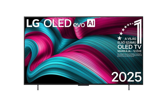 OLED42C51LA elölnézeti kép LG OLED evo AI és A világ első számú OLED TV márkája 12 éve logókkal