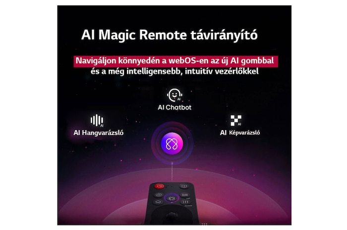 AI Magic Remote az előtérben. Az AI gomb ikon kiemelve. A háttérben az LG webOS felhasználói felület. Az egérkurzor jelzi, hogy a távirányító használatban van. A szöveg elmagyarázza, a távirányító funkciói és vezérlése hogyan könnyiti meg a webOS navigációját. 