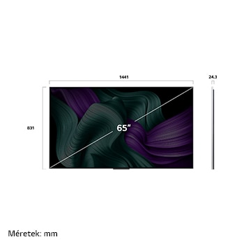 LG OLED M5 TV elöl- és oldalnézete mutatja be annak hosszúság-, szélesség-, magasság- és mélységméreteit.