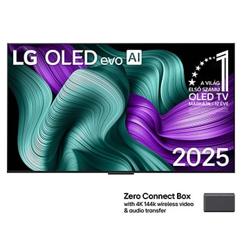 LG OLED M5 TV elölnézete. „12 éve világelső OLED” embléma és LG OLED evo AI 2025 logo látható a képernyőn. A Zero Connect Box látható a sarokban, Zero Connect Box 4K 144Hz vezeték nélküli video és audio átvitel felirattal