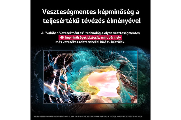 LG OLED M5 TV képernyő egy barlang belsejét mutatja, ami az ég felé tárul. A szöveg arról szól, mennyire lenyűgözőek a részletek, megmutatva a vizuálisan veszteségmentes 4K minőséget. 