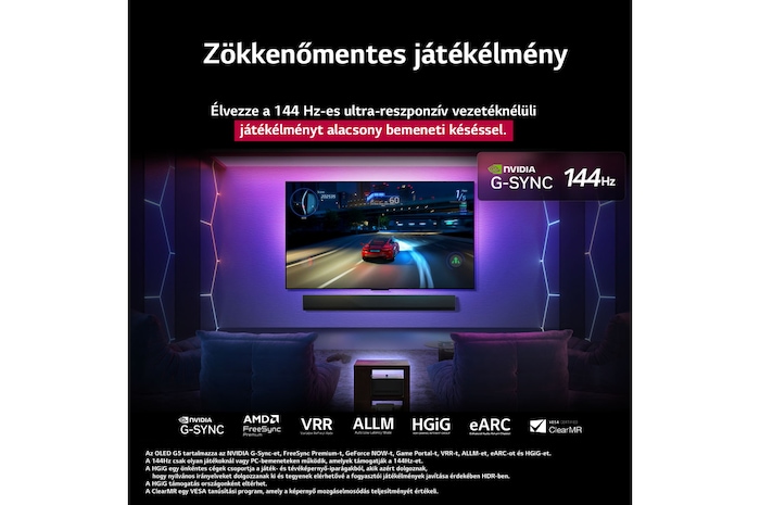 LG OLED M5 TV, melynek képernyőjén játékot játszanak, bemutatva a zavartalan és zökkenőmentes játékmenetet. A Zero Connect Box látható, de jól beleolvad a térbe. Játék tanúsítványok láthatók. A szöveg a 120 Hz-es, ultra-reszponzív, vezeték nélküli, alacsony késleltetésű játékról szól.