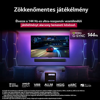LG OLED M5 TV, melynek képernyőjén játékot játszanak, bemutatva a zavartalan és zökkenőmentes játékmenetet. A Zero Connect Box látható, de jól beleolvad a térbe. Játék tanúsítványok láthatók. A szöveg a 120 Hz-es, ultra-reszponzív, vezeték nélküli, alacsony késleltetésű játékról szól.