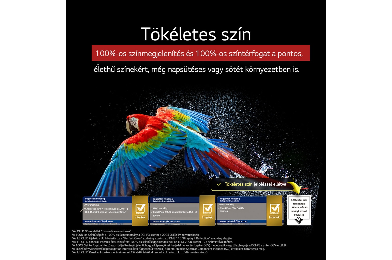 Színpompás papagáj ultra-nagy felbontásban fekete háttér előtt. Körülötte vízcseppek lebegnek a levegőben. A kép a Perfect Color technológiát mutatja be, hogy a papagáj testén minden színárnyalat mennyire vibráló és élénk. Különböző UL és Intertek tanúsítvány logók láthatók. Ezek a 100%-os színhűségre és a 100%-os színvolumenre utalnak. Szöveg is látható: Ellenőrizze a Perfect Color tanúsító védjegyet.