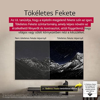 Nappali, falra szerelt LG OLED TV készülékkel. A TV-n egy hegyláncolat látható a csillagokkal teli, sötét, esti égbolt előtt. Ez a jelenet ketté van osztva, hogy megmutassa, hogyan biztosít a Perfect Black technológia tökéletes fekete szinteket, akár világos, akár sötét van Ön körül. A jelenet egyik oldala egy fakóbb, szürkébb változatát mutatja a tájnak, Nem Tökéletes Fekete megjelenítés felirattal. A másik oldalon egy sokkal tetszetősebb kép látható, nagyobb fekete-fehér dinamika tartománnyal. Ennek a felirata: Tökéletes Fekete megjelenítés. A tanúsítvány logó is látható; A Perfect Black Technology fekete megjelenítése kisebb vagy egyenlő, mint 0,24 nit, 500 lux értékig. Egy szövegbuborék van mellette, amin ez olvasható: „Ellenőrizze a Perfect Black technológia tanúsító védjegyet”.