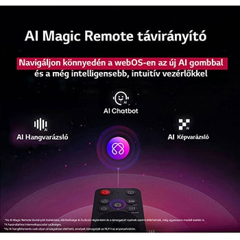 LG AI Magic Remote távirányító kiemelt AI gombbal. Körülötte láthatók a különböző funkciók, amelyeket a felhasználó a gombról elérhet. AI Voice ID, AI keresés, AI Chatbot, AI Concierge, AI Picture Wizard, AI hangvarázsló. A szöveg arról szól, hogy az LG AI Magic Remote egy külön AI-gombbal teszi teljessé az AI-élményt, és úgy használható, mint egy légegér. Csak mutasson rá, és kattintson.