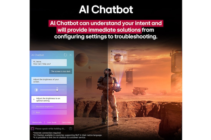 Sci-fi tartalom kerül lejátszásra egy LG TV képernyőjén. A képernyőn az AI Chatbot felülete látható. A felhasználó üzenetet küldött a chatbotnak, hogy a képernyő túl sötét. A chatbot megoldásokat kínált a kérésre. A teljes kép ketté is van osztva. Az egyik oldal sötétebb, a másik oldal világosabb, megmutatva, hogyan oldotta meg az AI Chatbot a problémát automatikusan a felhasználónak. A szöveg elm