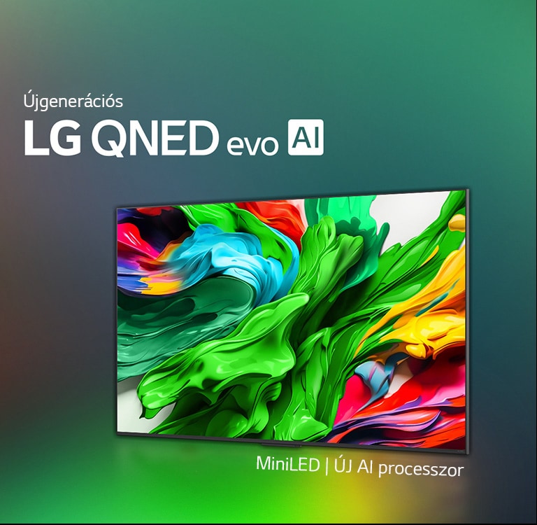 LG QNED TV képernyőn élénk műalkotás bemutatja a QNED színtechnológiáját, a színárnyalatok széles spektrumának kontrasztját.