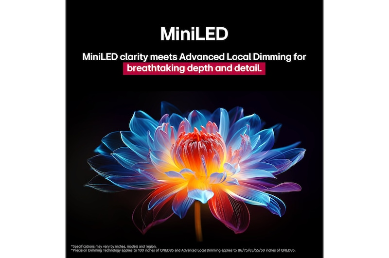 3D holografikus virág sok különböző árnyalatban és tónusban fekete háttér előtt. A virág kidolgozottsága és részletgazdagsága megmutatja a QNED MiniLED képességét, hogy kivételes színű, fényerejű és kontrasztú látványt produkáljon. A cím arról szól, hogy a MiniLED mennyire javítja a tisztaságot és biztosít kivételes kontrasztot.