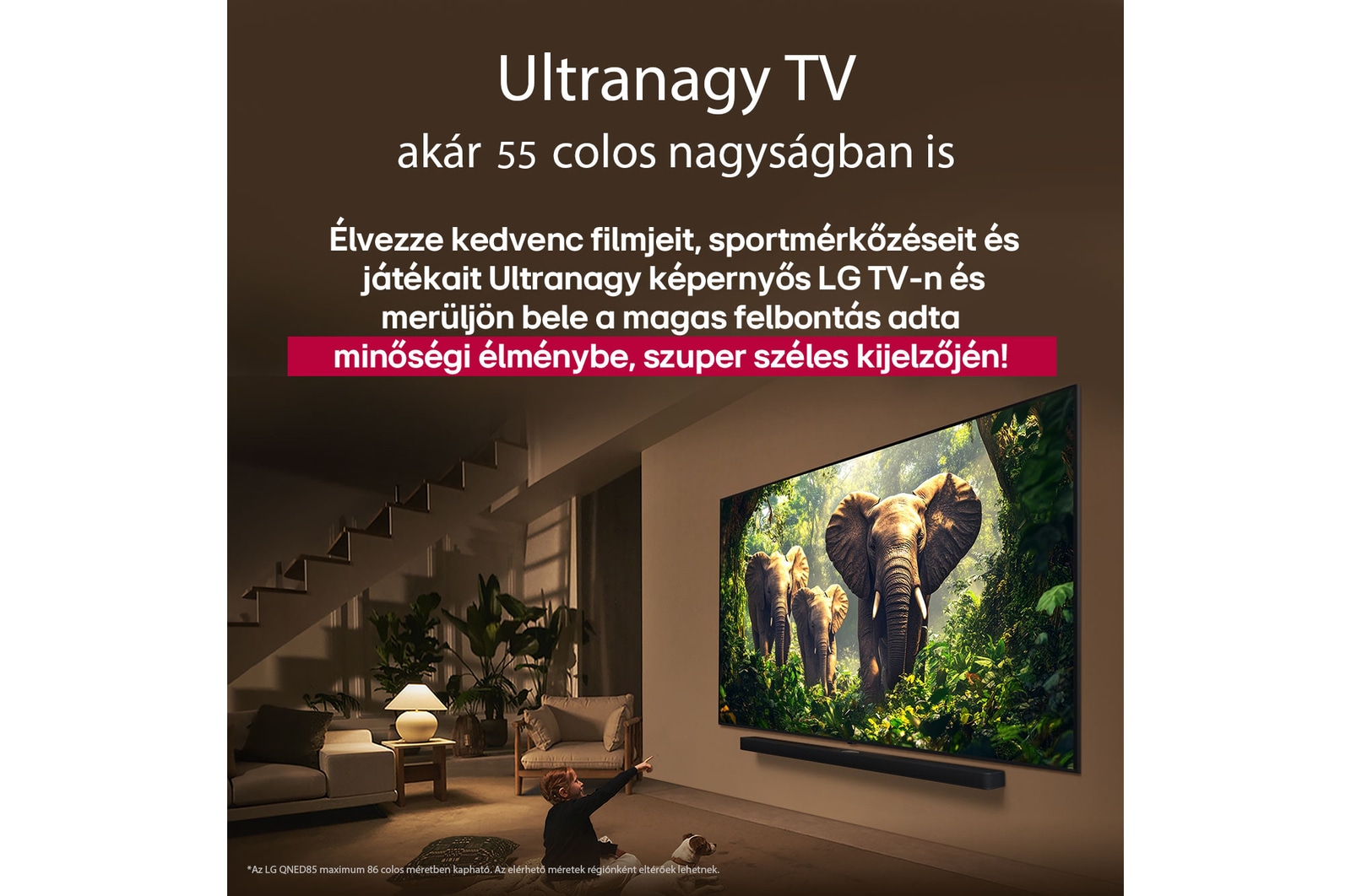 Egy lány és egy kutya ülnek egy LG Soundbar feletti falra szerelt LG QNED TV előtt, amelyen három, kifelé sétáló elefánt látható. A cím arról szól, minden mozzanat mennyivel izgalmasabb egy masszív képernyőn.