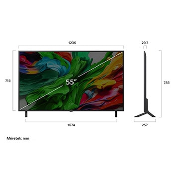 LG QNED evo AI 4K Smart TV elülső és oldalsó nézete mutatva annak méreteit hosszúságban, szélességben, magasságban és mélységben.