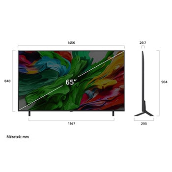 LG QNED evo AI 4K Smart TV elülső és oldalsó nézete mutatva annak méreteit hosszúságban, szélességben, magasságban és mélységben.