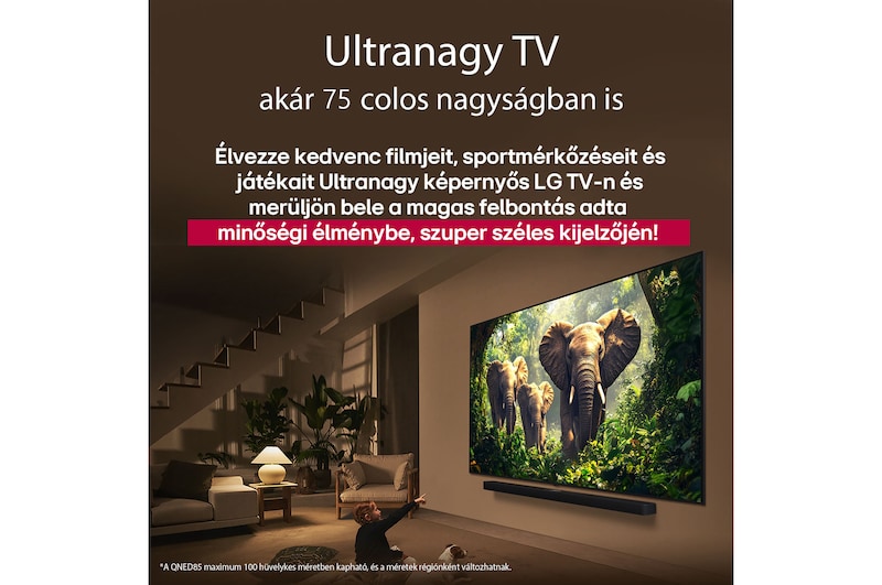 Egy lány és egy kutya ülnek egy LG Soundbar feletti falra szerelt LG QNED TV előtt, amelyen három, kifelé sétáló elefánt látható. A cím arról szól, minden mozzanat mennyivel izgalmasabb egy masszív képernyőn.
