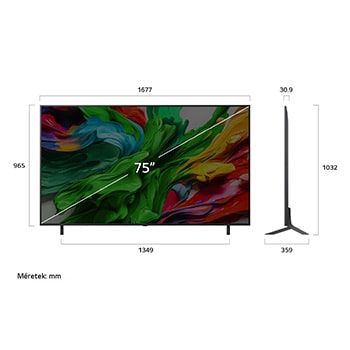 LG QNED evo AI 4K Smart TV elülső és oldalsó nézete mutatva annak méreteit hosszúságban, szélességben, magasságban és mélységben.