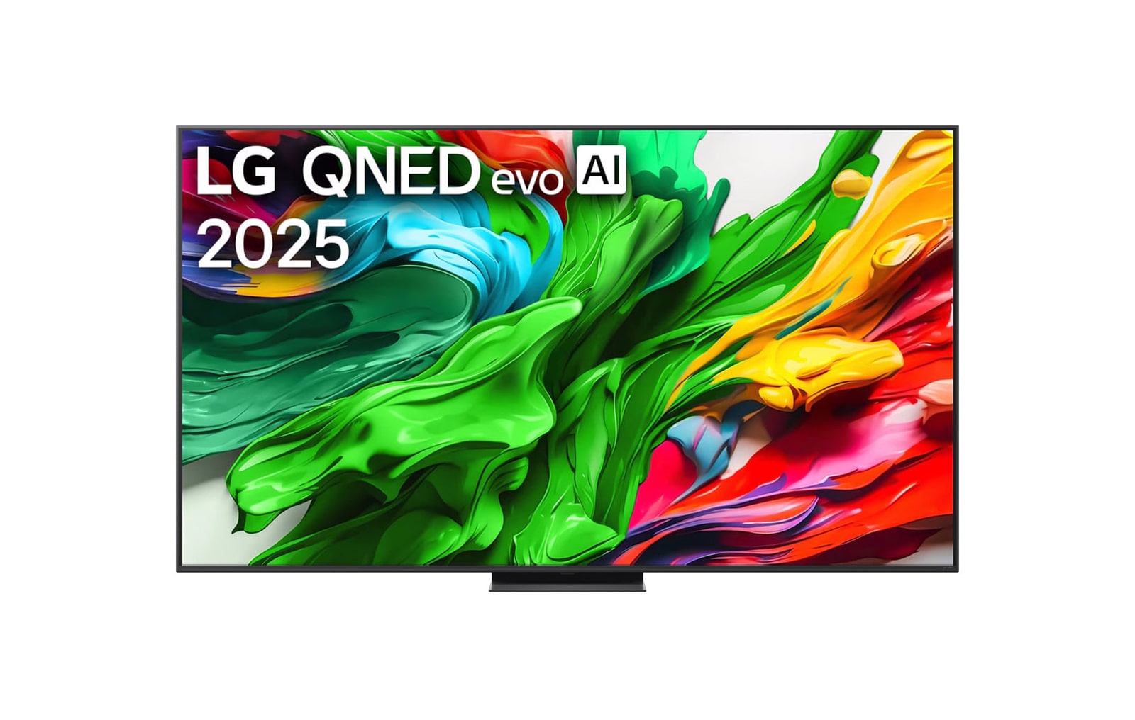 Elölnézet az LG QNED evo QNED85 TV-ről, LG QNED evo AI Logo látható a felső sarokban. Az LG QNED evo QNED85 TV festékszerű textúrákat ábrázol, amelyek összeérnek.