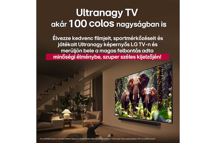 Egy lány és egy kutya ülnek egy LG Soundbar feletti falra szerelt LG QNED TV előtt, amelyen három, kifelé sétáló elefánt látható. A cím arról szól, minden mozzanat mennyivel izgalmasabb egy masszív képernyőn.