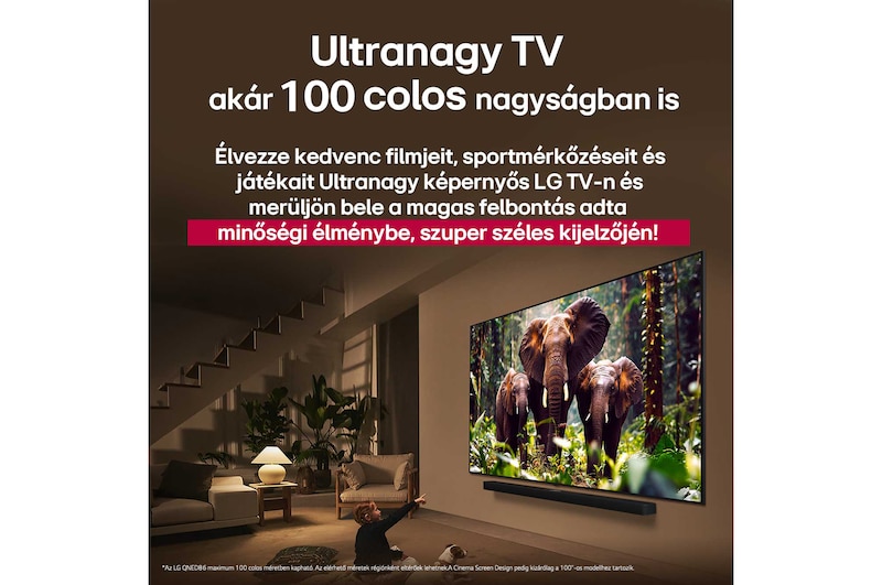 Egy lány és egy kutya ülnek egy LG Soundbar feletti falra szerelt LG QNED TV előtt, amelyen három, kifelé sétáló elefánt látható. A cím arról szól, minden mozzanat mennyivel izgalmasabb egy masszív képernyőn.