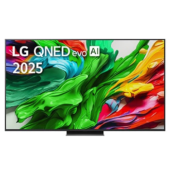 Elölnézet az LG QNED evo QNED85 TV-ről, LG QNED evo AI Logo látható a felső sarokban. Az LG QNED evo QNED85 TV festékszerű textúrákat ábrázol, amelyek összeérnek.