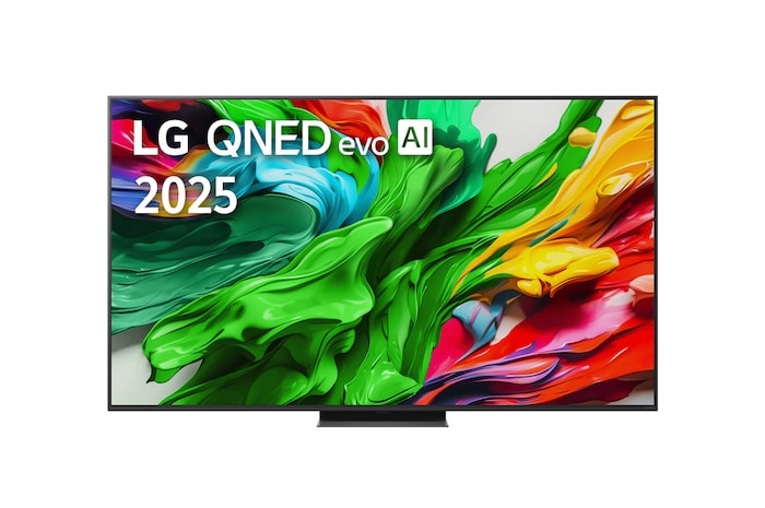 Elölnézet az LG QNED evo QNED85 TV-ről, LG QNED evo AI Logo látható a felső sarokban. Az LG QNED evo QNED85 TV festékszerű textúrákat ábrázol, amelyek összeérnek.