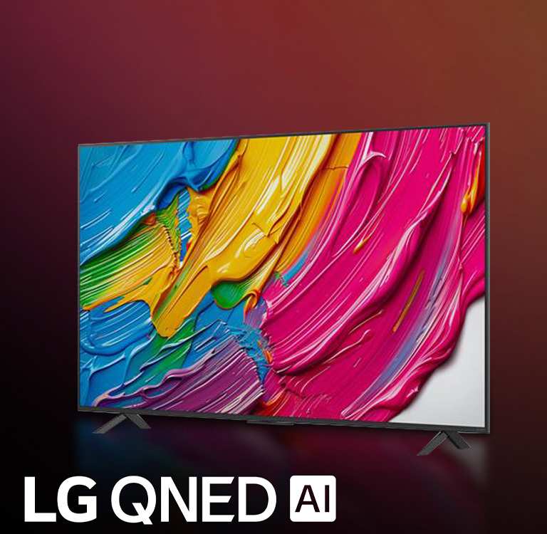LG QNED TV egy színes, sötét háttér előtt. A képernyőn egy élénk és színgazdag műalkotás látható, amely bemutatja a QNED színtechnológiáját és annak képességét, hogy széles színskálát jelenítsen meg kiváló kontraszttal. Az LG QNED AI logó látható. A cím: Színek újragondolva a dinamikus QNED színekkel.