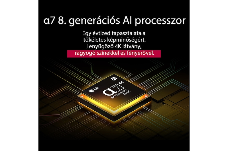 Az alpha 7 AI Processor Gen8 sárgán világít, és színes fénycsóvák lövellnek ki belőle. A cím arról szól, hogy a processzor 4K minőséget, lenyűgöző színeket és fényerőt biztosít.