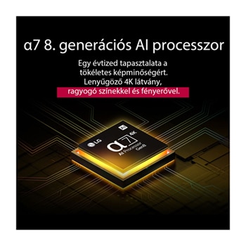 Az alpha 7 AI Processor Gen8 sárgán világít, és színes fénycsóvák lövellnek ki belőle. A cím arról szól, hogy a processzor 4K minőséget, lenyűgöző színeket és fényerőt biztosít.
