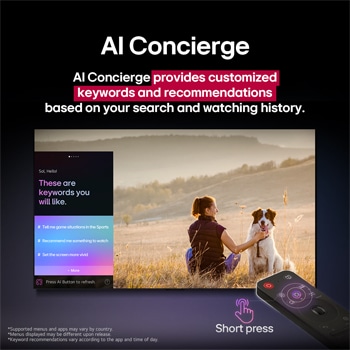 LG AI Magic Remote egy LG TV képernyő előtt. A képernyőn az LG AI személyre szabott üdvözletet jelenít meg a felhasználó keresési és műsornézési előzményei alapján beállított egyéni kulcsszavakkal. A távirányító mellett egy ikon és egy felirat jelzi, hogy az AI Concierge funkció könnyen elérhető az AI gomb rövid megnyomásával. 