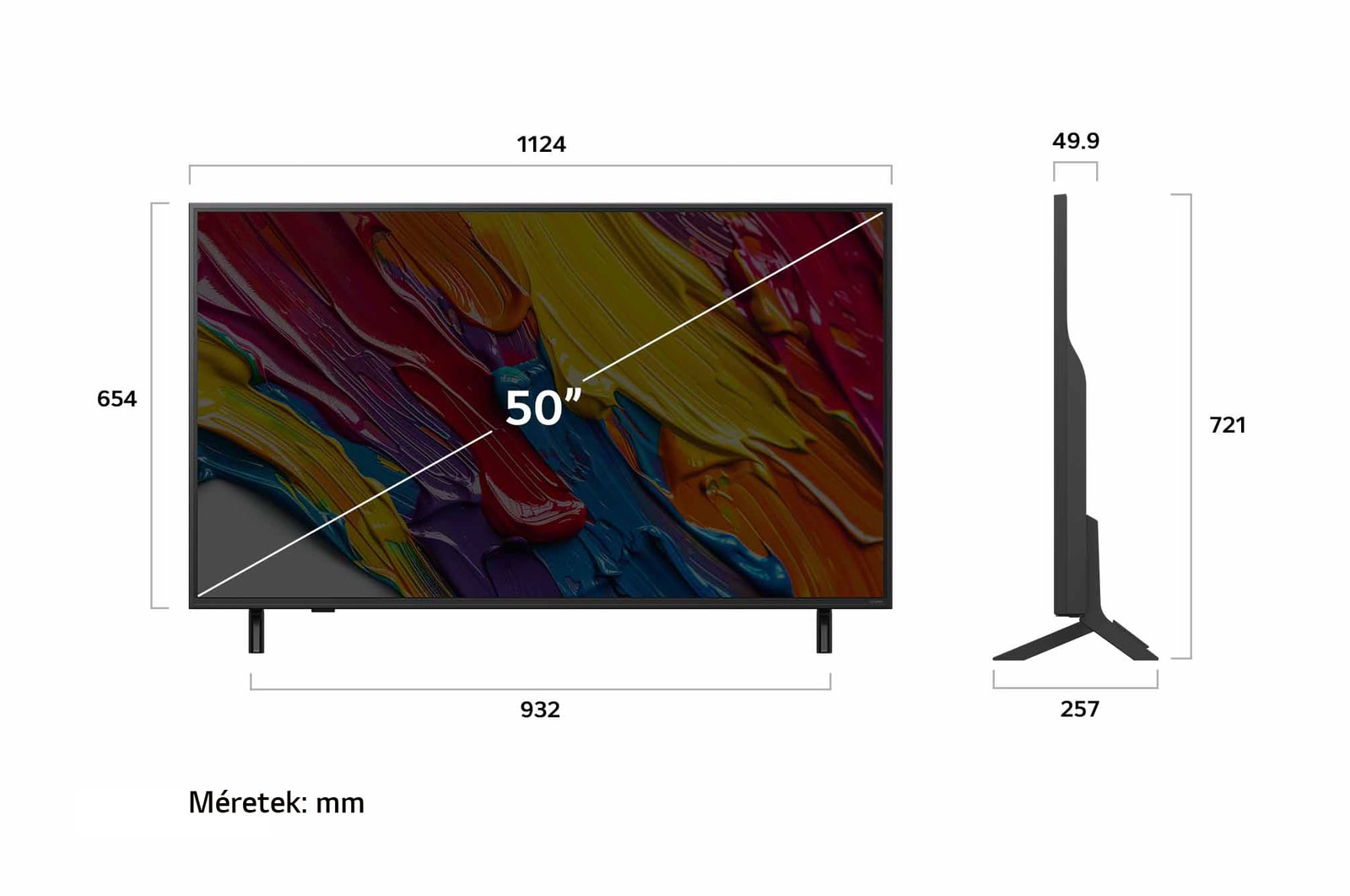 LG QNED82 AI 4K Smart TV elöl- és oldalnézete, a hosszúsági, szélességi, magassági és mélységi méreteket mutatva. 