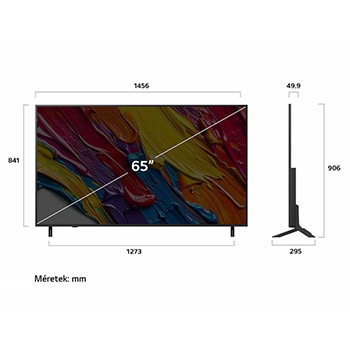 LG QNED84 AI 4K Smart TV elöl- és oldalnézete, a hosszúsági, szélességi, magassági és mélységi méreteket mutatva.