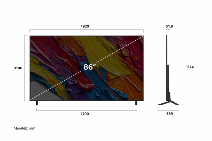 LG QNED82 AI 4K Smart TV elöl- és oldalnézete, a hosszúsági, szélességi, magassági és mélységi méreteket mutatva.