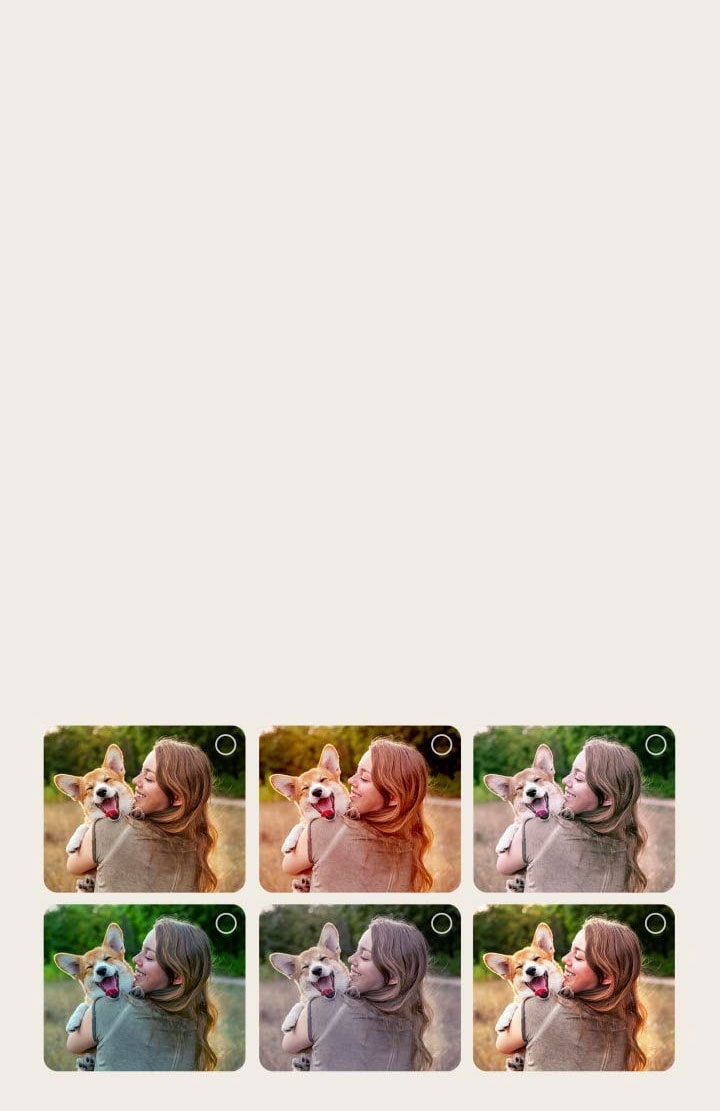 A képernyőn egy felhasználó az AI Picture Wizard személyre szabási lépésein megy végig. Képsorozatok kerülnek megjelenítésre, a felhasználó választását kiemelve. Egy betöltés ikon jelenik meg és egy tájkép kerül feljavításra balról jobbra.