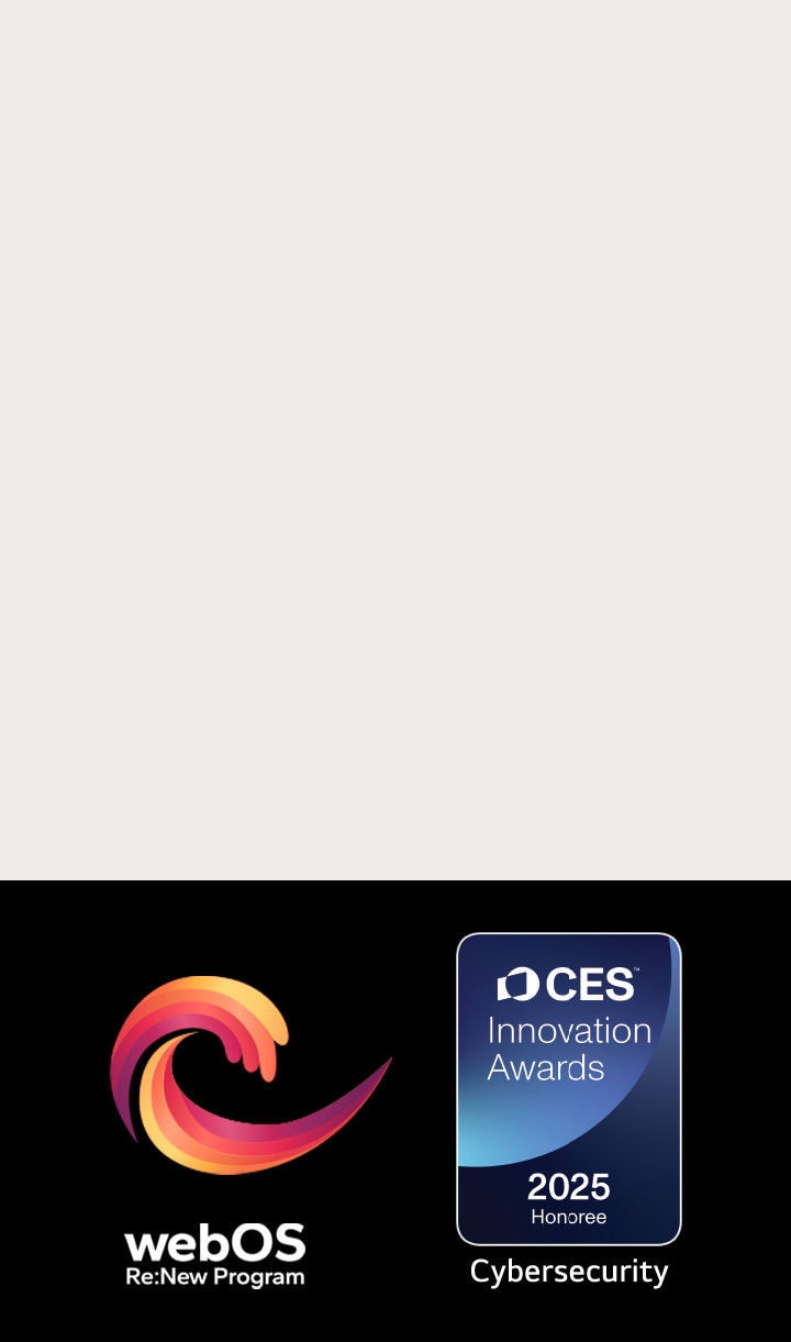 webOS Re:New Program logo and name with the CEwebOS Re:New Program logo és név mellette a CES Innovation Awards 2025 Honoree jelvénnyel. S Innovation Awards 2025 Honoree badge near it. 	