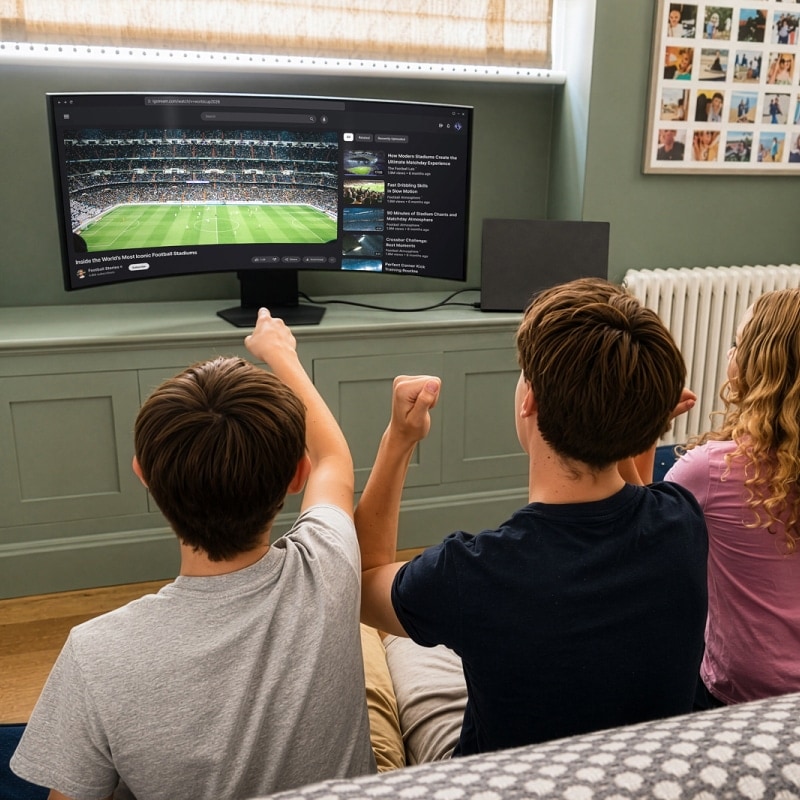 Három testvér együtt néz egy focimeccset egy LG UltraGear monitoron.
